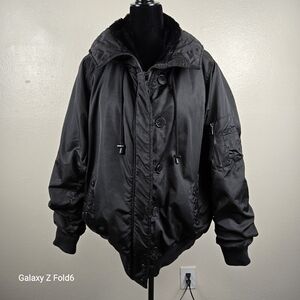Madden Girl Black Bomber Jacket Faux‎ Fur Lined Hooded Coat Women’s L